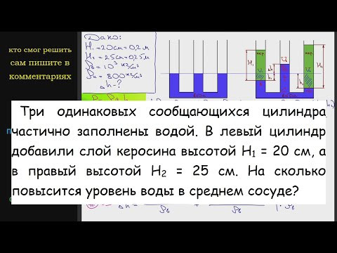 Физика Три одинаковых сообщающихся цилиндра частично заполнены водой. В левый цилиндр добавили слой Физика Три одинаковых сообщающихся цилиндра частично заполнены водой. В левый цилиндр добавили слой